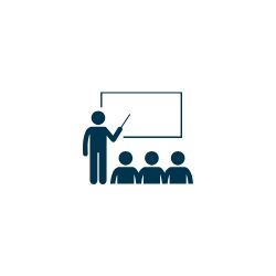 A graphic depicting a figure pointing to a whiteboard while other figures observe