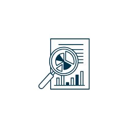 A graphic depicting a magnifying glass hovering over a paper with pie and bar charts